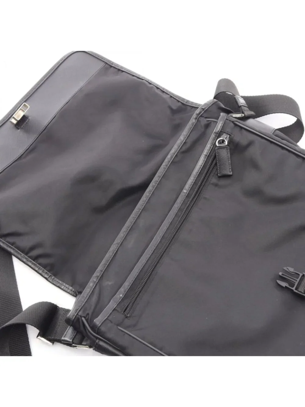 Prada Shoulder Bag to Line Guru Logo Black Nylon Saffiano Leather to